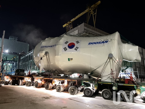 두산에너빌리티에서 제작한 가스터빈이 지난 1일 한국남부발전 안동복합 2호기 건설 현장에  무사히 도착했다. ⓒ사진제공=한국남부발전