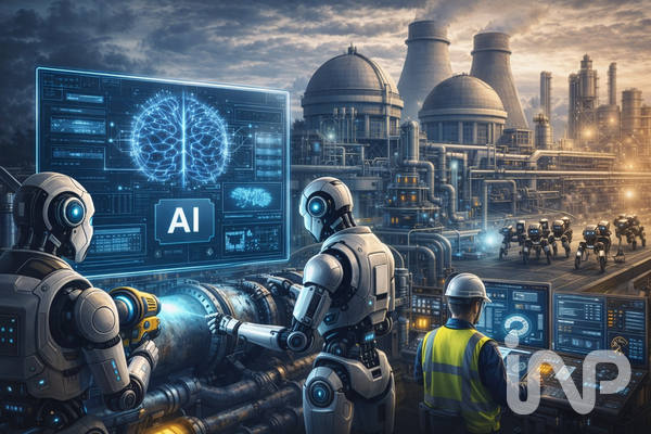 AI와 로봇이 결합된 미래 원자력발전소 운영 개념 이미지. 설비 점검과 운영은 AI와 로봇이 수행하고, 인간은 이를 감독하는 구조로 전환되는 모습을 나타냈다.  (※본 이미지는 생성형 AI를 활용해 제작됨) ⓒ인사이트N파워